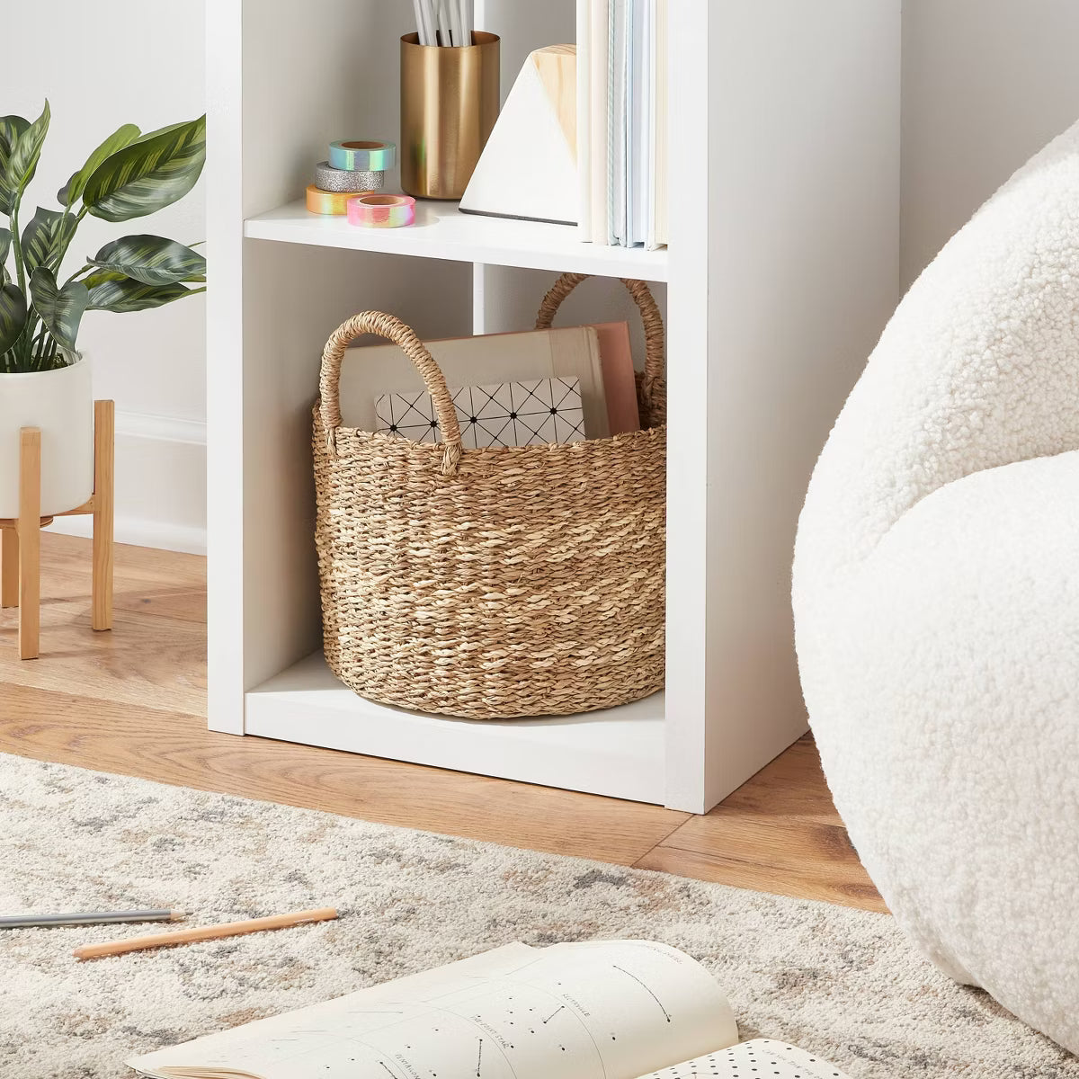 Woven Round Seagrass and Palm Leaf Striped Basket