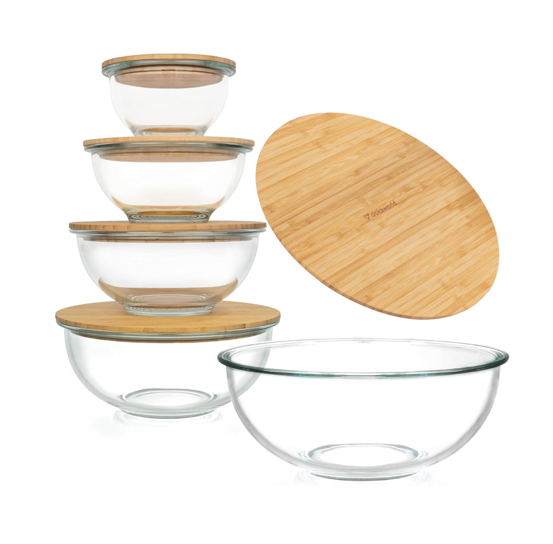 Set of 5 Nesting Glass Bowls with Bamboo Lids