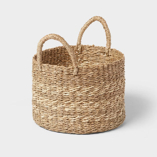 Woven Round Seagrass and Palm Leaf Striped Basket